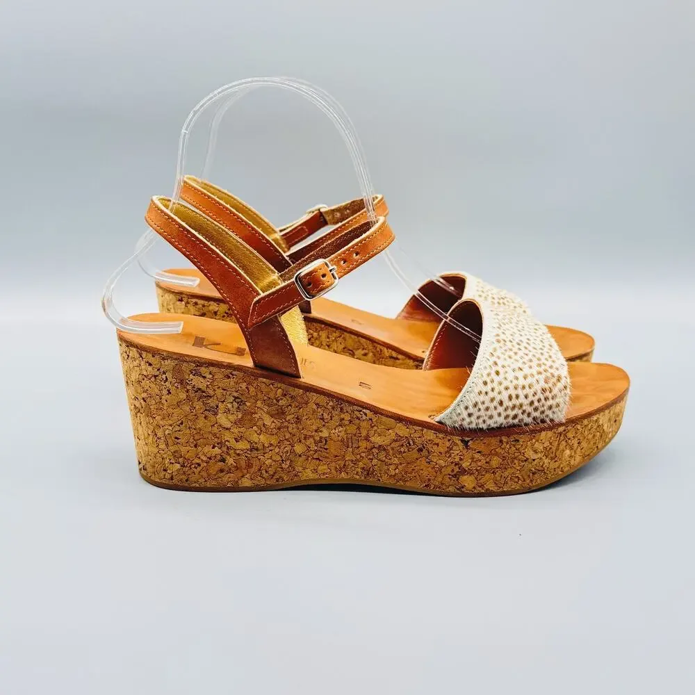 K Jacques St Tropez Shoes Womens 8.5 9 Brown White Calf Hair Cork Wedge Sandals